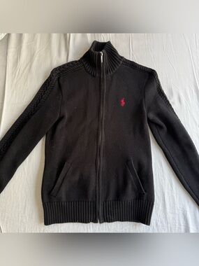 Ralph Lauren Black Zip-Up Cable Knit Sweater with Red Pony
